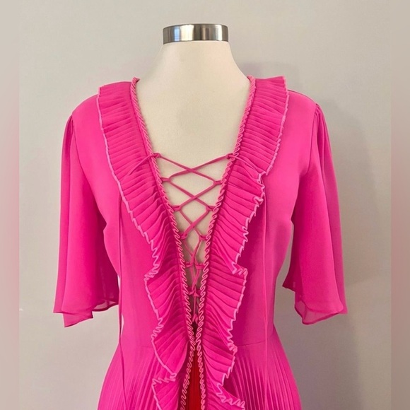 New! Anthropologie x Delfi Collective Gwen Lace up Ruffe Pleated Pink Dress❤️‍🔥 - Picture 8 of 11